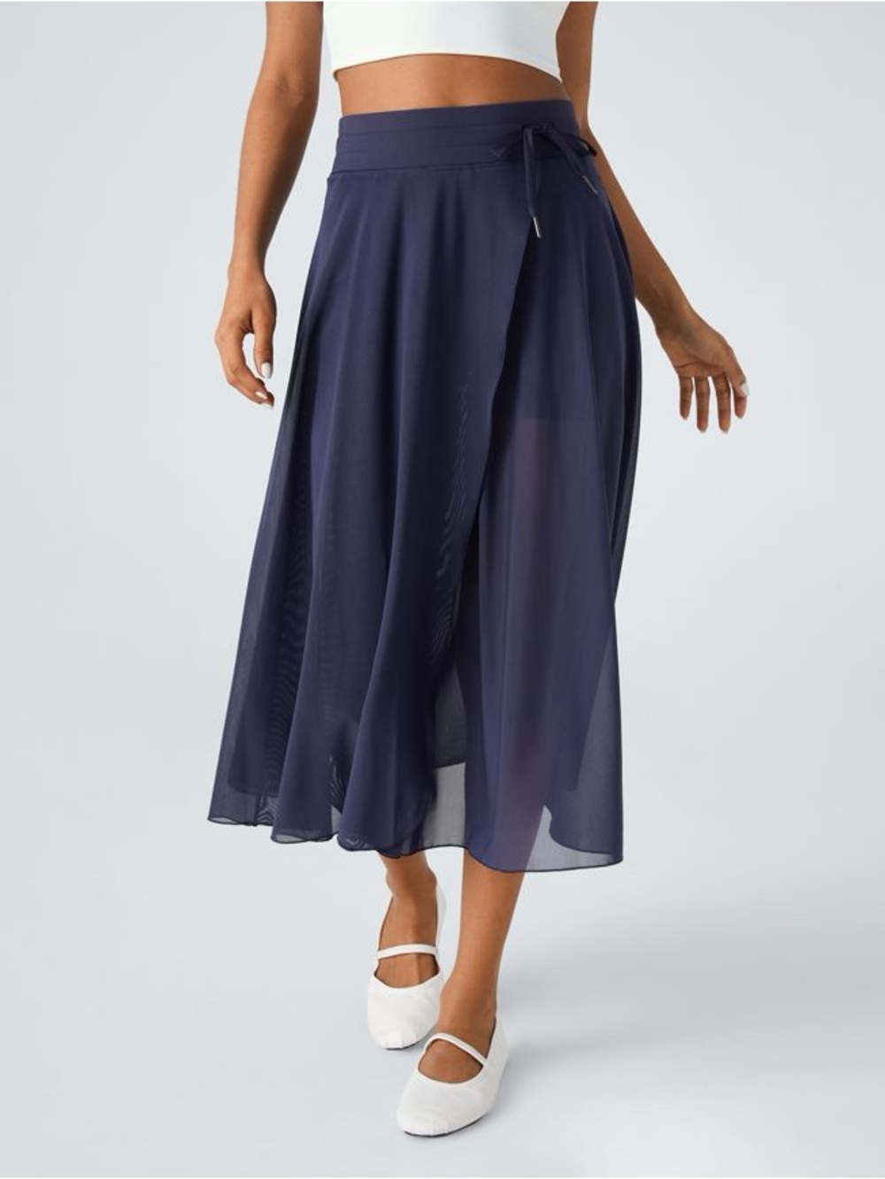 NWT Halara High Waisted Drawstring Contrast Mesh 2-in-1 Flowy Midi Skirt, Sz L